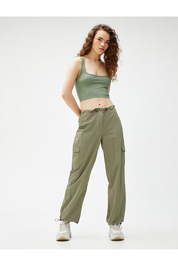 Crop Tank Top Square Neck Ribbed Piping Detail