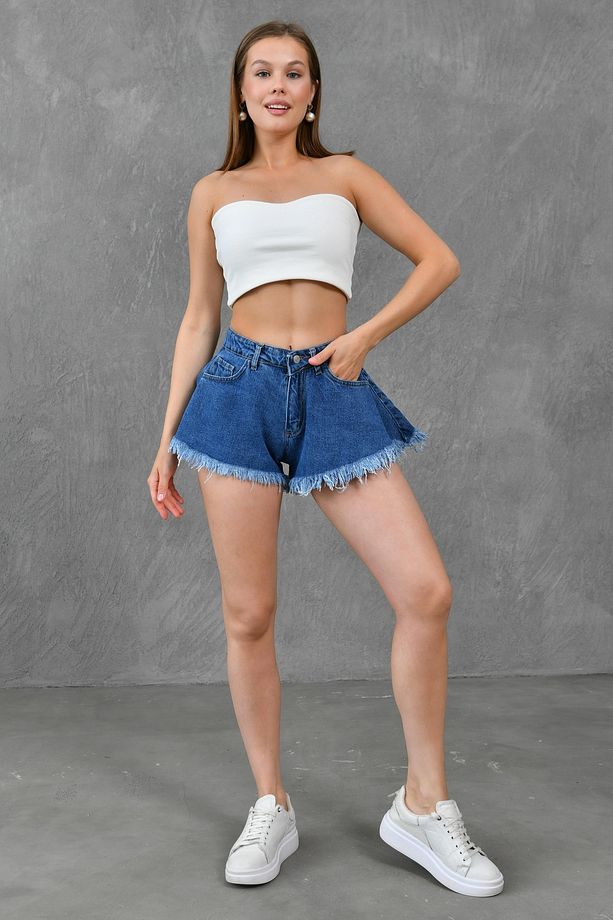 Kadın Paça Ucu Püsküllü Yüksek Bel Likrasız Volanlı Kesim Koyu Mavi Kot Şort Denim Şort 70366 - 6