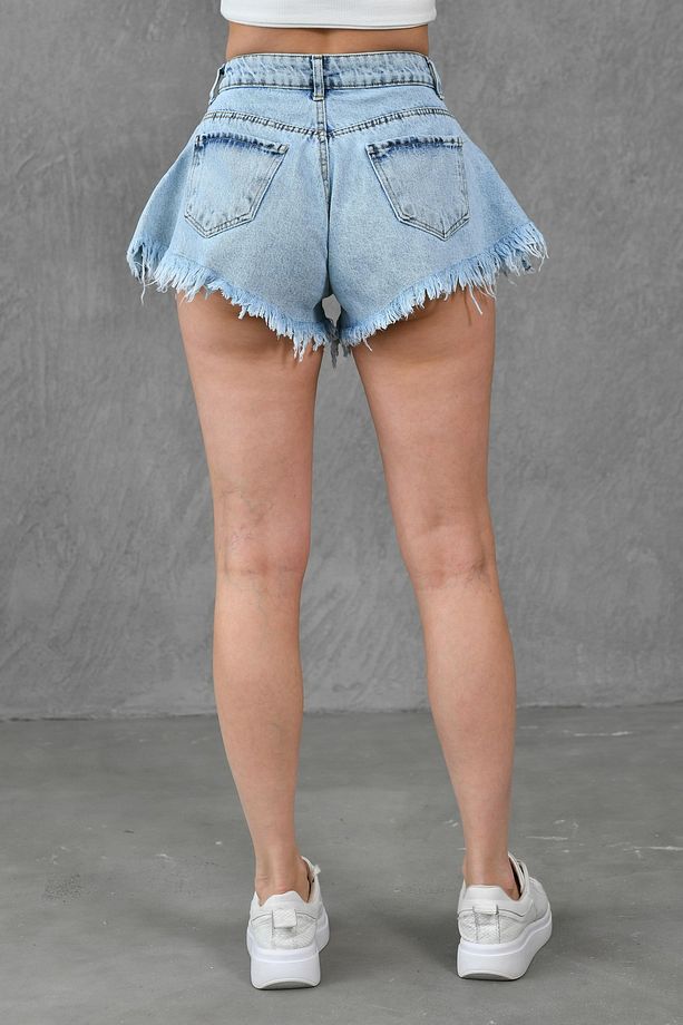 Kadın Paça Ucu Püsküllü Yüksek Bel Likrasız Volanlı Kesim Açık Mavi Kot Şort Denim Şort 70355 - 4
