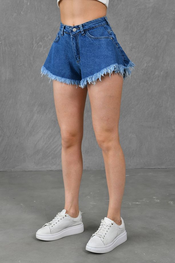 Kadın Paça Ucu Püsküllü Yüksek Bel Likrasız Volanlı Kesim Koyu Mavi Kot Şort Denim Şort 70366 - 9