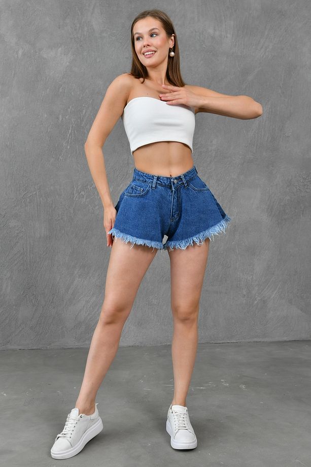Kadın Paça Ucu Püsküllü Yüksek Bel Likrasız Volanlı Kesim Koyu Mavi Kot Şort Denim Şort 70366 - 1