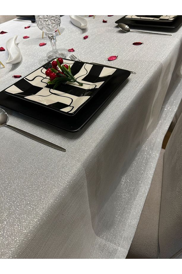 Meral Kurşun Collection Polyester Keten Simli Masa Örtüsü Gümüş - 3