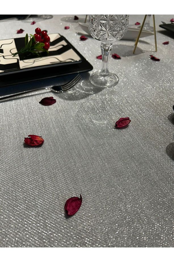 Meral Kurşun Collection Polyester Keten Simli Masa Örtüsü Gümüş - 7