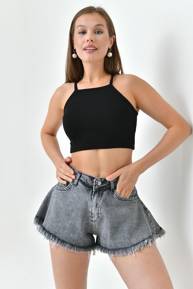 Paça Ucu Detaylı Yüksek Bel Likrasız Volanlı Kalıp Antresit Kot Şort Denim Şort 70361 - 5