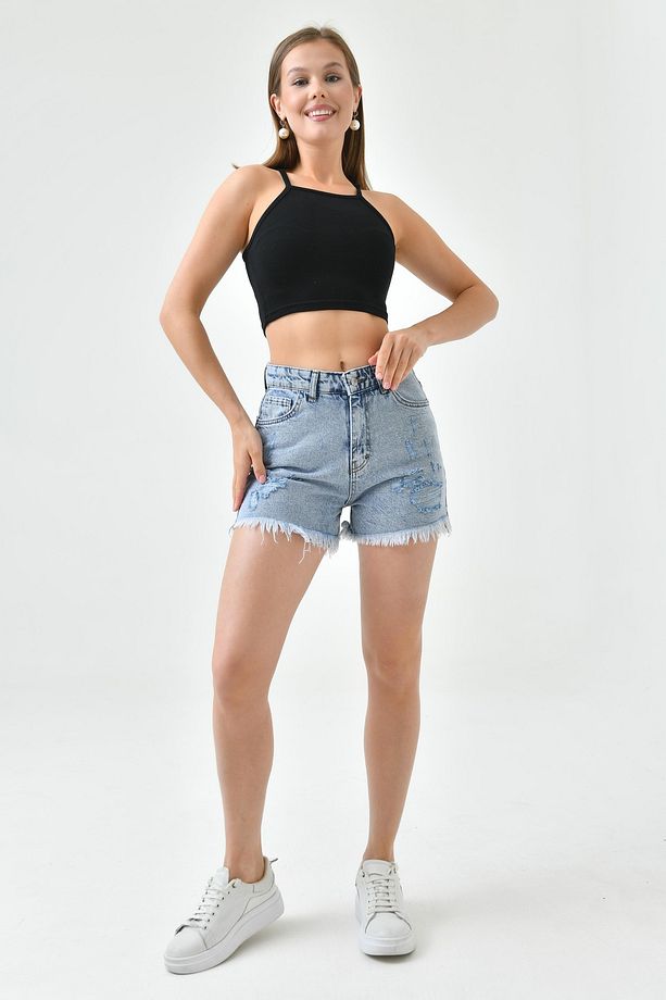 Kadın Yırtık Yüksek Bel Likrasız Açık Mavi Kot Şort Yırtık Denim Şort 70363 - 7