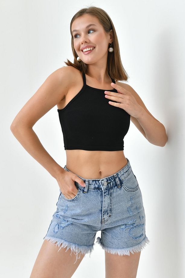 Kadın Yırtık Detaylı Yüksek Bel Likrasız Açık Mavi Kot Şort Likrasız Mavi Denim Şort 70363 - 5