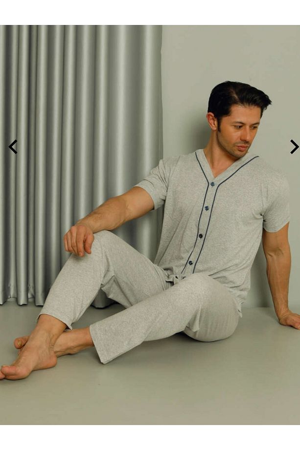 Moonline %100 Pamuk Önü Düğmeli Kısa Kol Yazlık  Erkek Pijama - 1