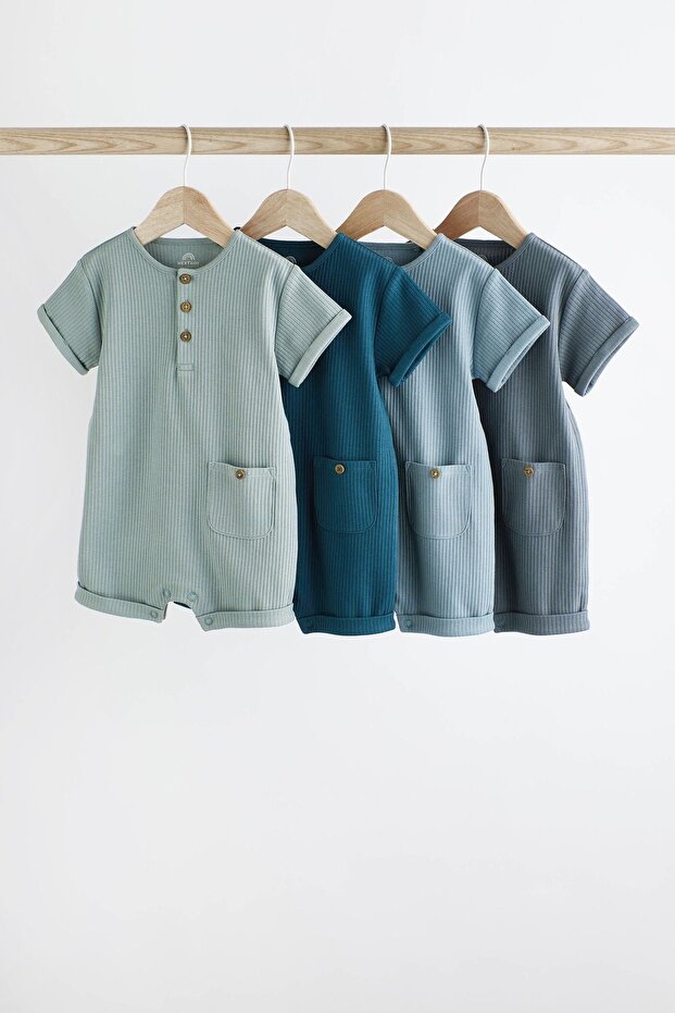 100% Cotton Blue Lined 4-Piece Romper Set