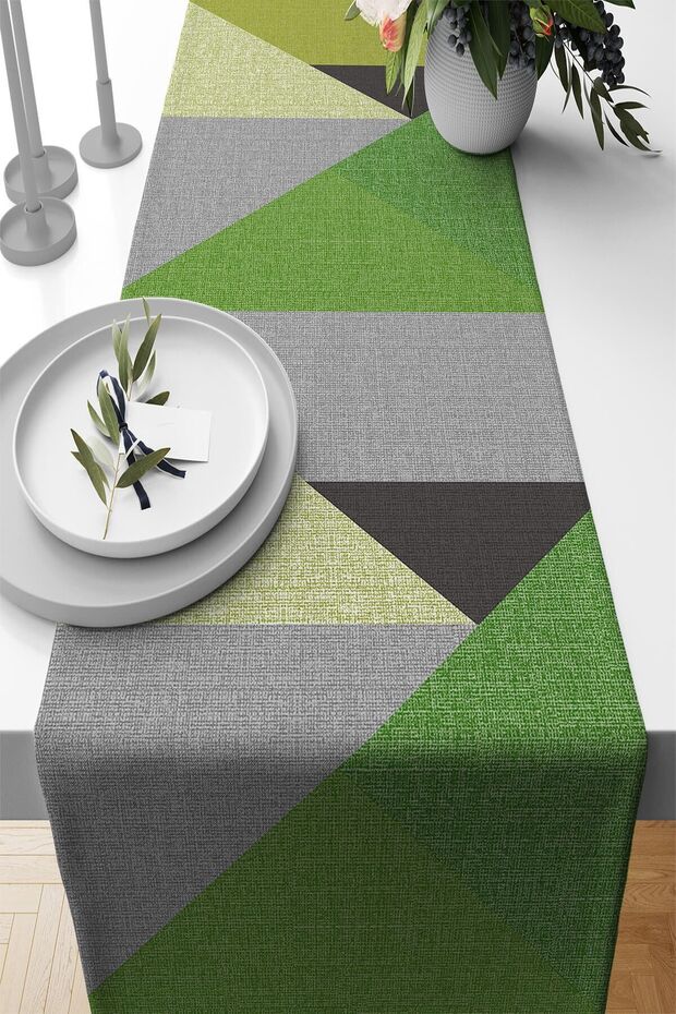Green Tablecloth Stain Resistant Premium Thai Feather Woven Fabric Runner Geometric 40x140cm Rnr609