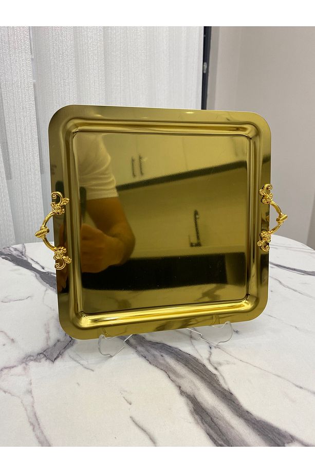 Lüx Kare 1 adet İnce Kulplu Gold Kaplama  Model çay,kahve,ikram servis Sunum Tepsisi 21x21 - 2