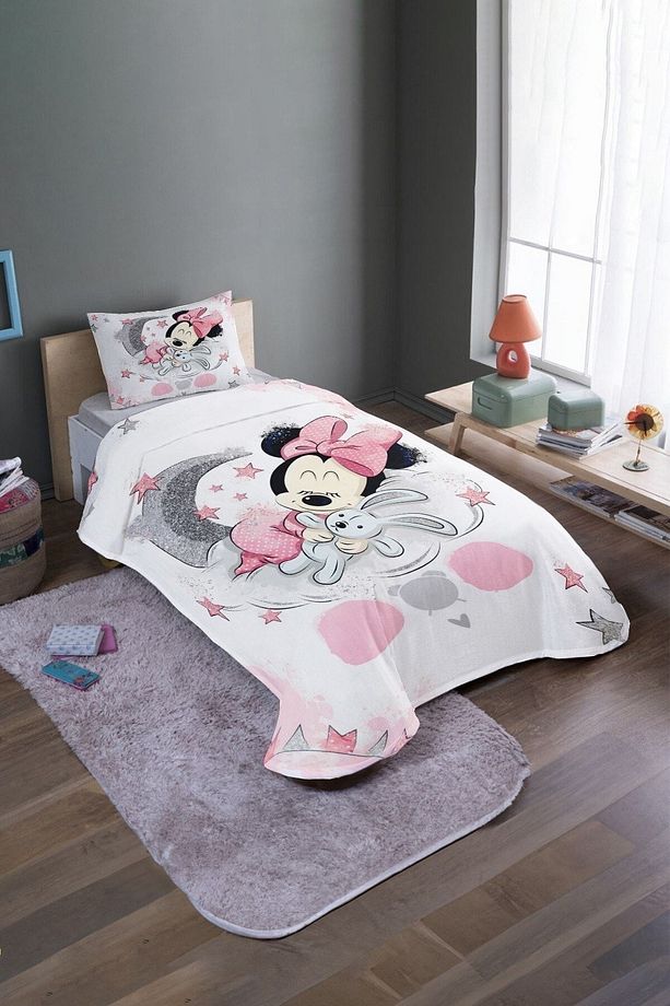 Uyuyan Minnie Desenli Tek Kişilik Yatak Örtüsü Ve Pike Takımı - 2