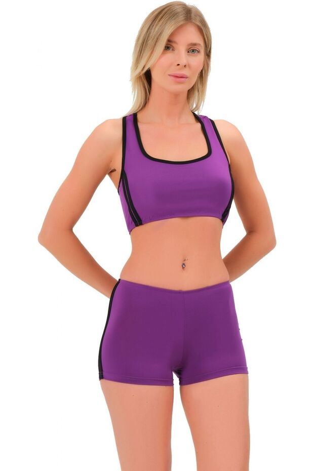 Şeritli Şortlu Yüzücü Bikini 5509 Mor - 3