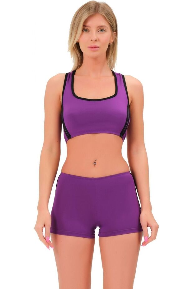 Şeritli Şortlu Yüzücü Bikini 5509 Mor - 1