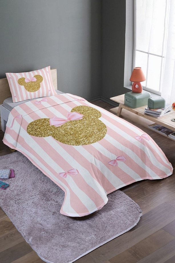 Pembe Kurdelalı Altın Mickey Desenli Tek Kişilik Pike Takımı Ve Yatak Örtüsü - 2