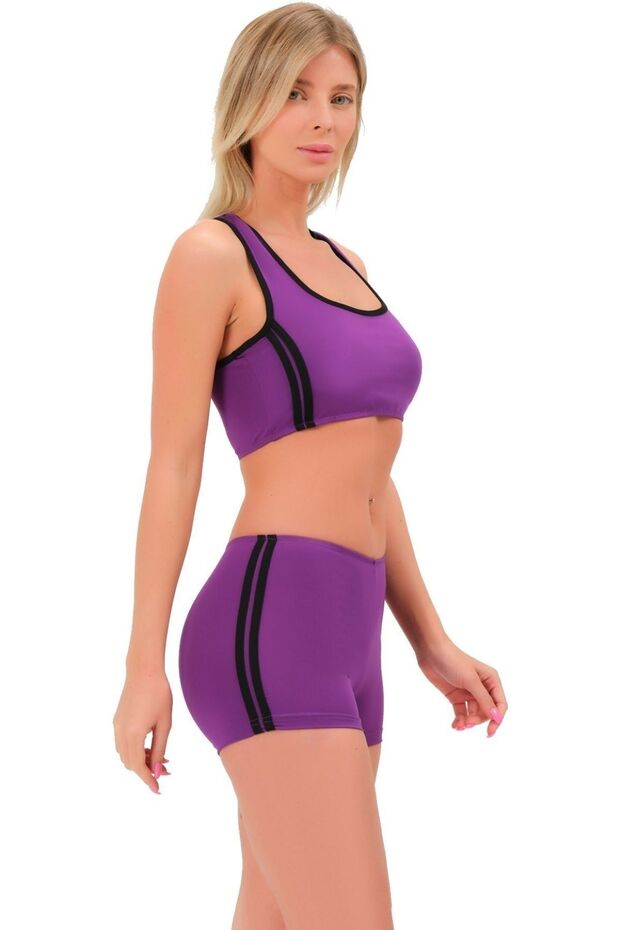 Şeritli Şortlu Yüzücü Bikini 5509 Mor - 5