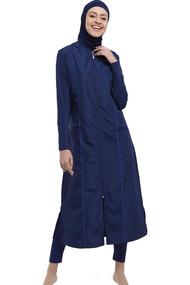 Women's Navy Blue Piping Long Full Covered Hijab Swimsuit