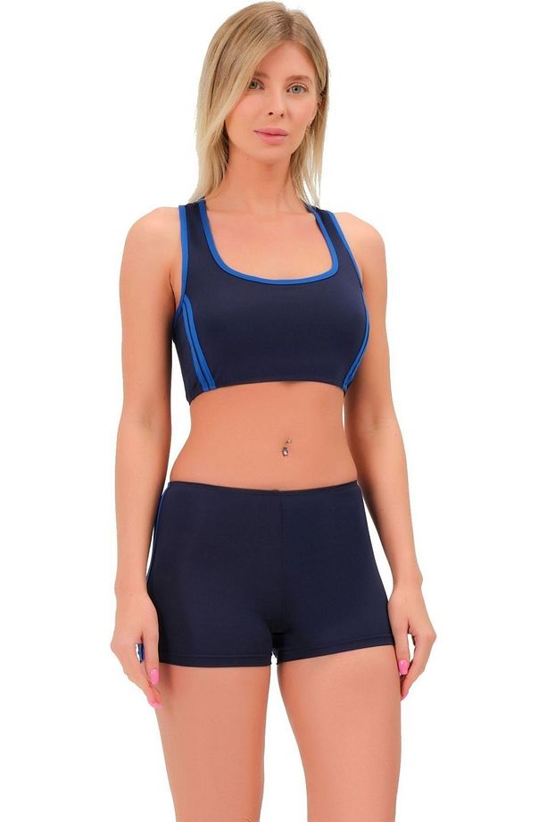 Şeritli Şortlu Yüzücü Bikini 5509 Lacivert - 1