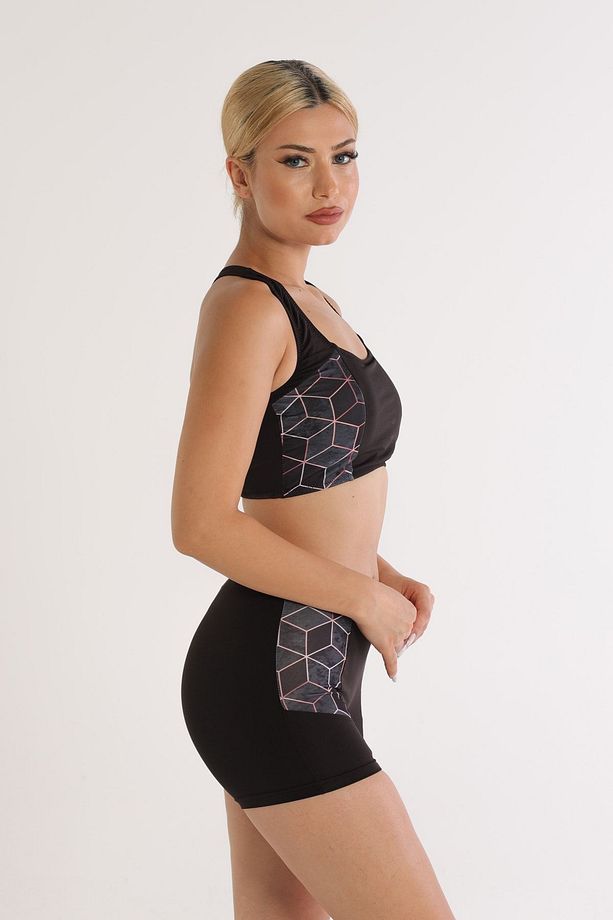 Modelli Şortlu Desenli Badili Yüzücü Bikini 5524 Desenli Siyah - 6