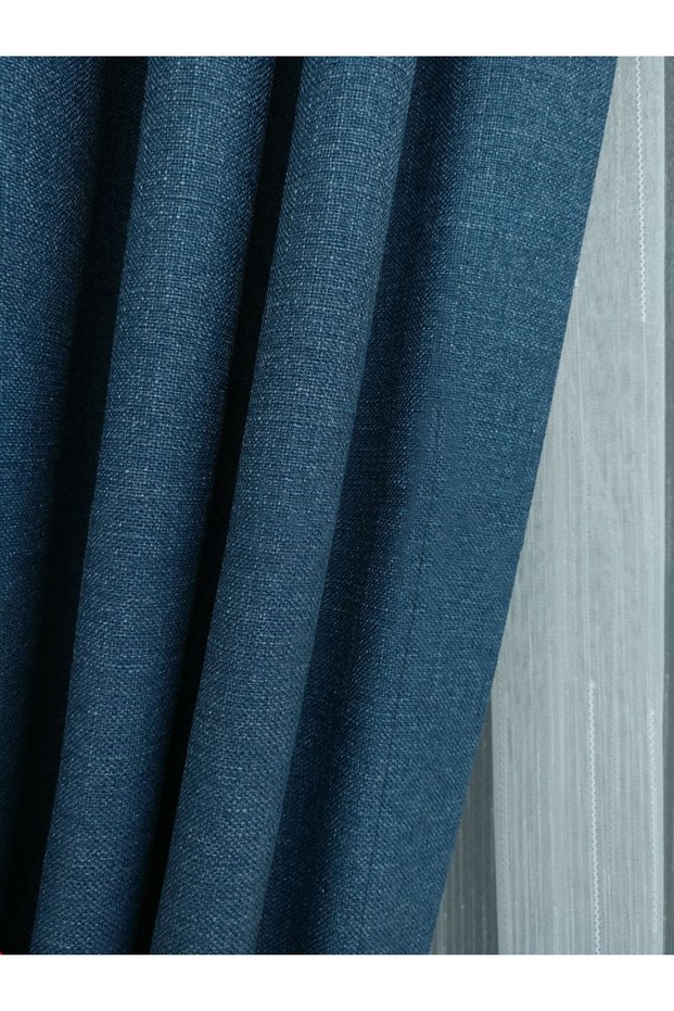 Crown Blue Solid Color Linen Background Curtain, Pleat-Free Plain Planting, Extra-Fore Drawstring, Single Wing