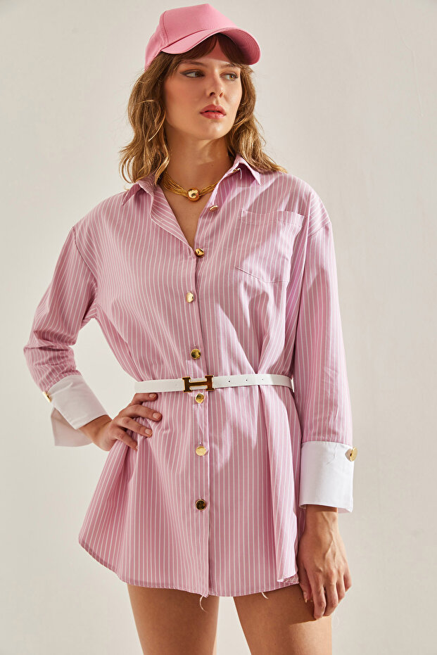 Women's Pink Cuff Detailed Belted Snap Closure Single Pocket Shirt 60251129