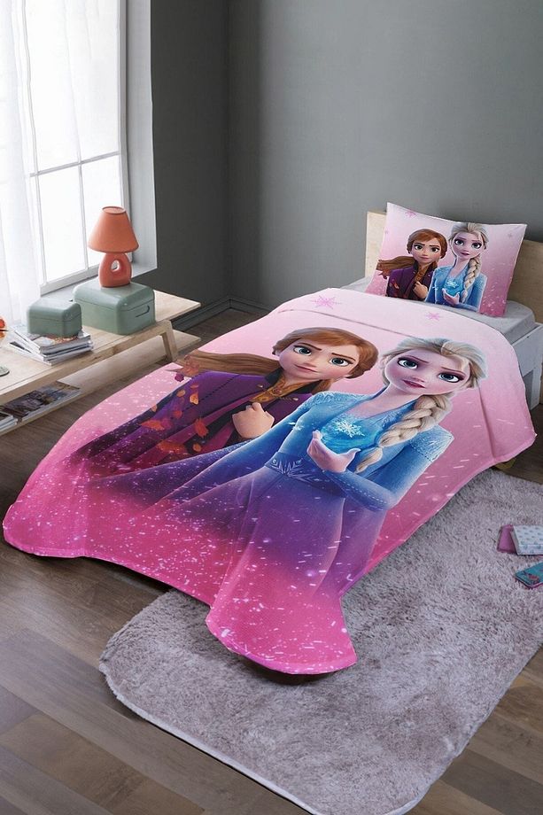 Pembe Elsa Ve Anna Desenli Tek Kişilik Yatak Örtüsü Ve Pike Takımı - 1