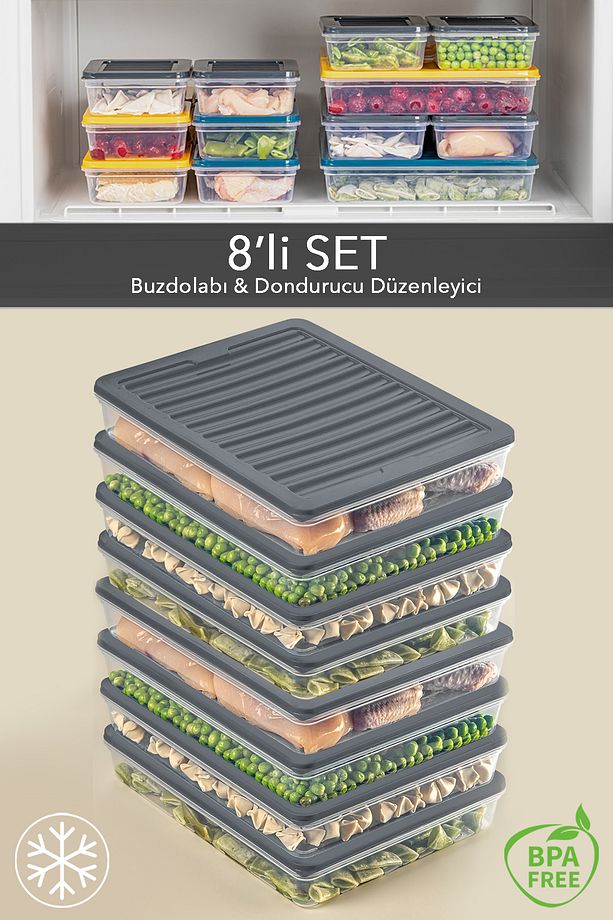 8'li Saklama Kabı , Mikrodalga Uyumlu Erzak Saklama Kabı Antrasit 8 X 2400 ml - 1