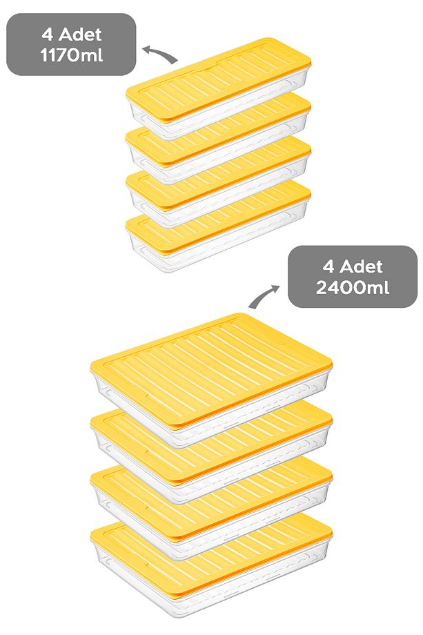 8'li Saklama Kabı,mikrodalga Uyumlu Erzak Saklama Kabı Sarı 4x2400 Ml- 4x1170 ml - 2