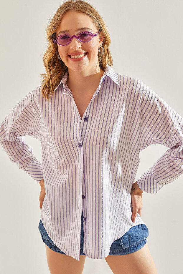 Women's Lilac Seersucker Fabric Striped Shirt 60221017