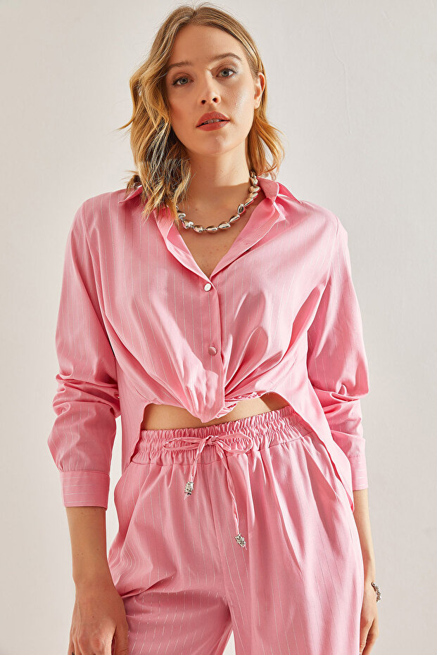 Women's Pink Front-Tie Shiny Striped Shirt 60221020