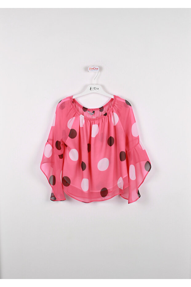 Girl's Round Neck Polka Dot Pleated Blouse