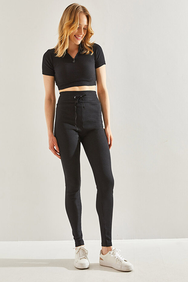 Women's Black Ribbed Leggings Set 60241007