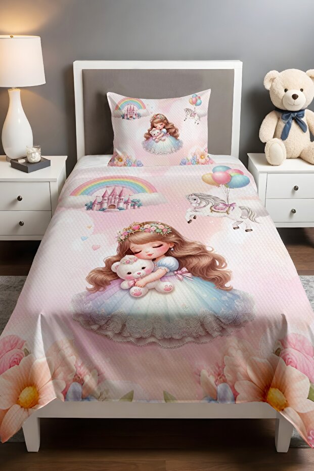 Princess Patterned Pique Set with Teddy Bear (160x230cm)