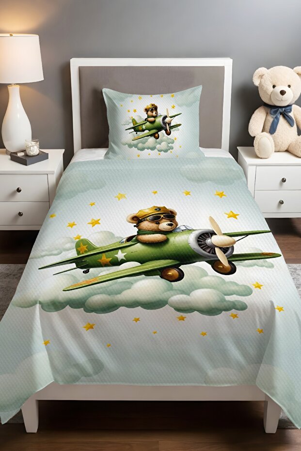 Green Airplane Teddy Bear Patterned Pique Set (160x230cm)