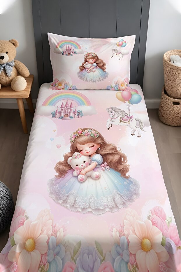 Princess Patterned Bedspread and Pillowcase with Teddy Bear