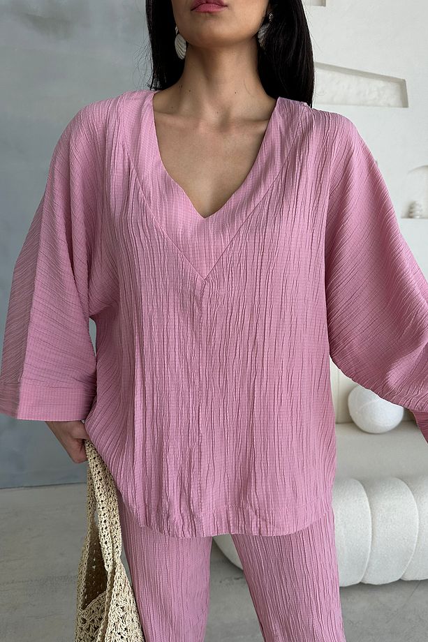 Pembe Alt Üst V Yaka Gofre Takım - 3