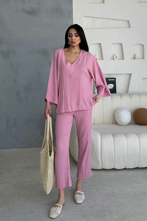 Pembe Alt Üst V Yaka Gofre Takım - 7
