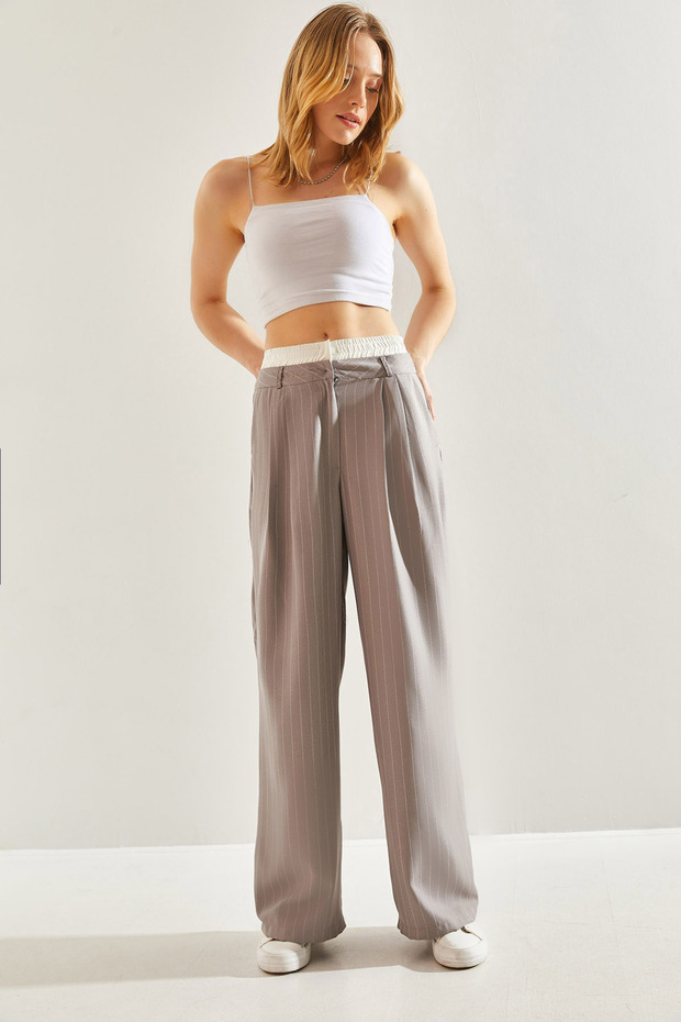 Women's Gray Contrast Waist Detailed Striped Woven Trousers 60241010