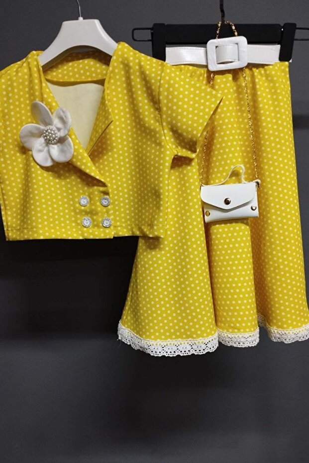 Girl's Polka Dot Button Detailed Yellow Skirt Suit