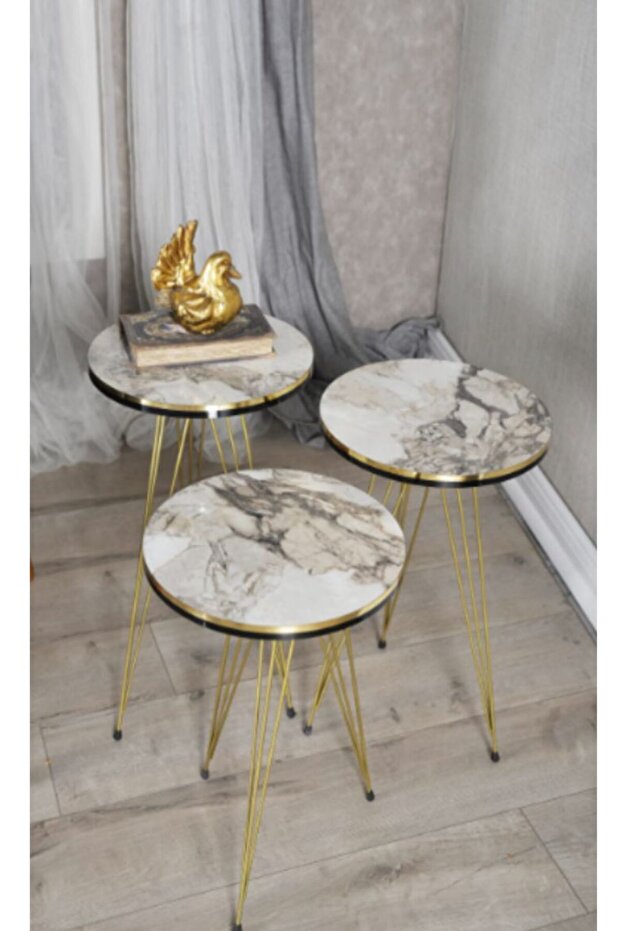 مجموعة من 3 طاولات قهوة متداخلة بأرجل ذهبية - حامل طاولة جانبية - 1