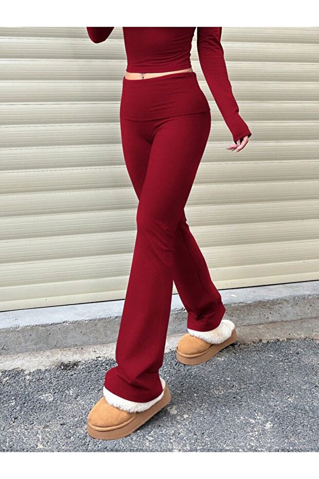 Burgundy Color Waist Folding Elastic Flare Trousers