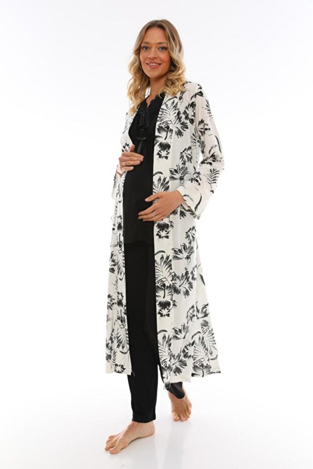 Women's Black Patterned Lace Detail Maternity and Postpartum Robe and Pajama Set, 3-Piece Set