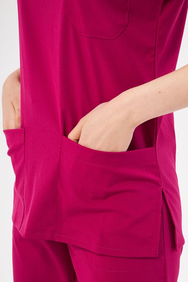 Tek Üst Vişne Likralı Unisex Yarasa Kol Hemşire Ve Doktor Üniforması Scrubs Hastane Üniforması - 8