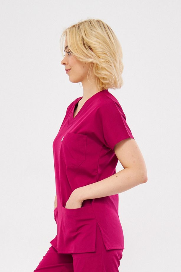 Tek Üst Vişne Likralı Unisex Yarasa Kol Hemşire Ve Doktor Üniforması Scrubs Hastane Üniforması - 5