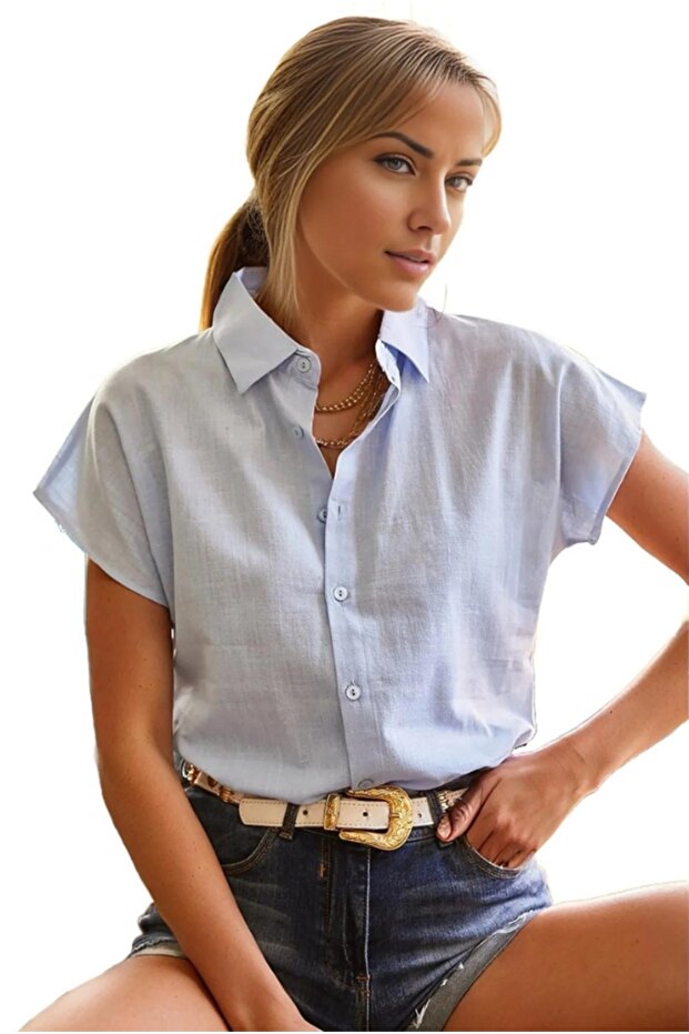 Women's Light Blue Linen Bat Short Sleeve Button Shirt