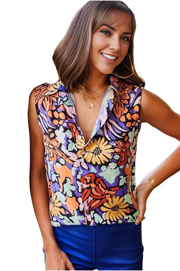 Women's Purple Floral Sleeveless Colorful Shirt with Buttons