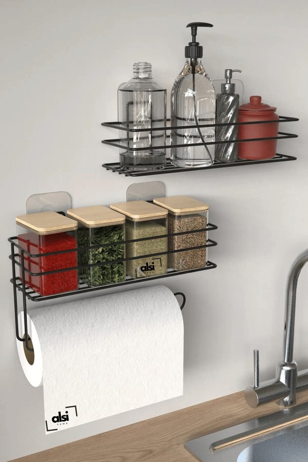 Adhesive Shampoo Holder Spice Holder 2 Piece Metal Paper Towel Holder with Black Stand Stylish Kitchen Bathroom Shelf