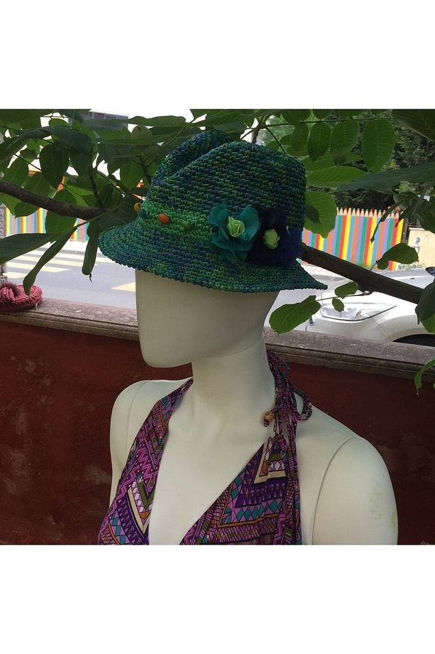 El Örgüsü Tasarım Yazlık Kağıt Ip Fötr Şapka Multicolor Yeşil - 6