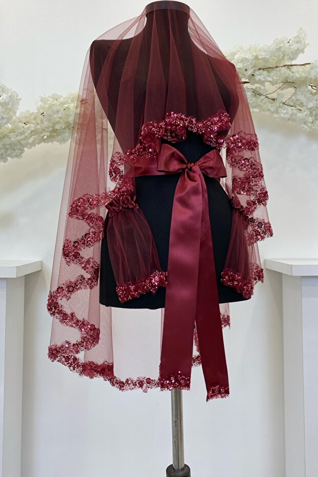 Burgundy Bridal Veil Set, Water Stone Elegance Model Henna Veil 6 Pieces