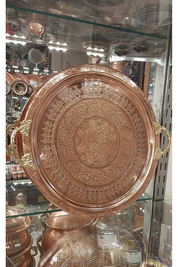 Bakır Tepsi & Bakır Sunum Tepsisi 38 Cm Bakır Osmanlı Ağır El Işlemeli Tepsi Kına Tepsisi - 3