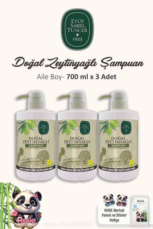 3'lü Eyüp Sabri Tuncer Doğal Zeytinyağlı Şampuan 700 ml ve %100 Pamuk ROSIE - 1